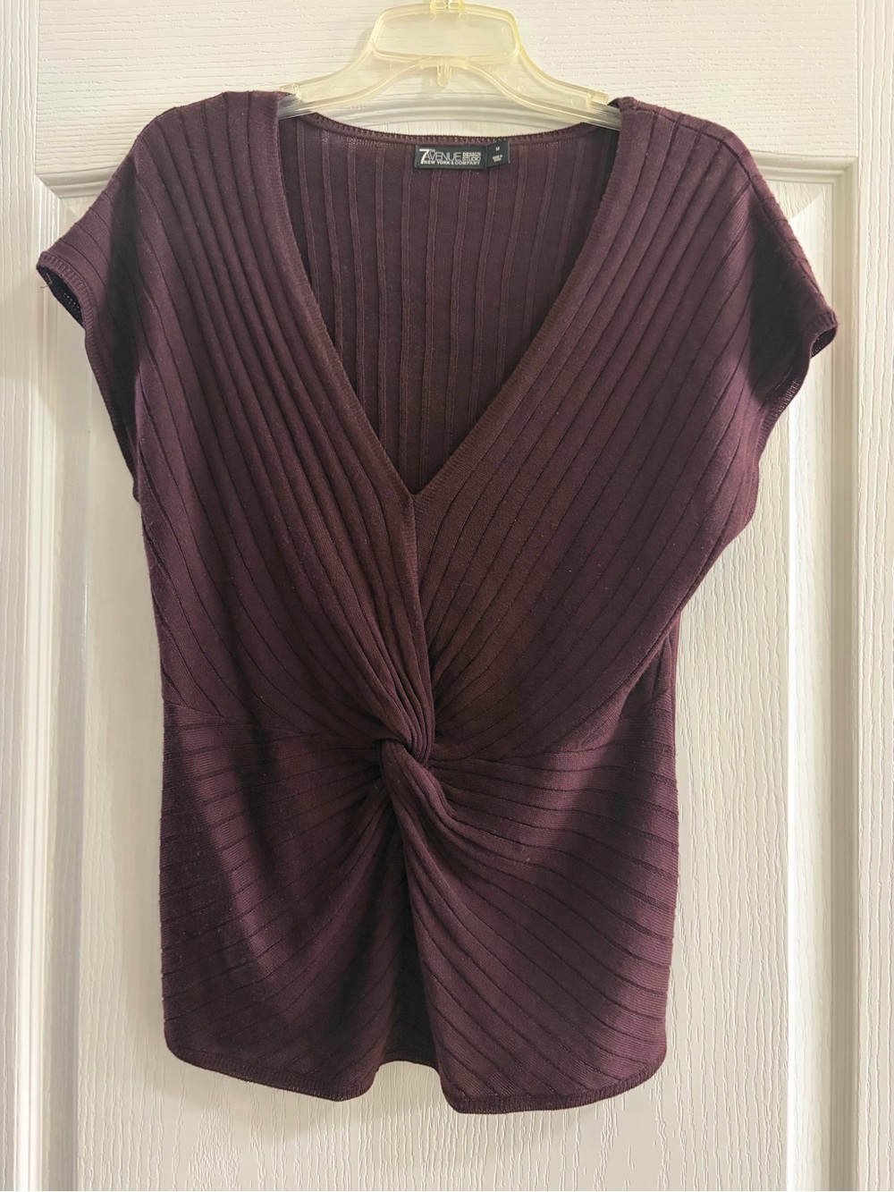 New York & Company Plum Ribbed V-Neck Twist-Front Sweater Top